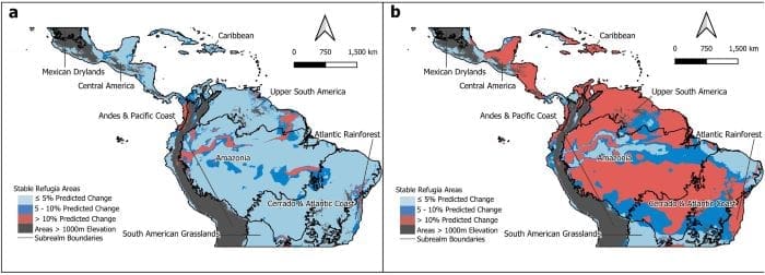 Image: Fig. 3 - Potential climate refugia zones - 'Prospects for Neotropical Forest Birds and Their Habitats Under Contrasting Emissions Scenarios' (s. bird species, climate change, Neotropics)