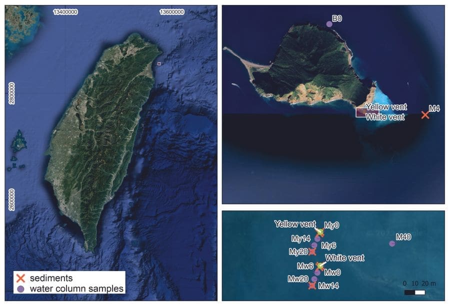 Image: Sampling location of the yellow vent (YV) and the white vent (WV) chosen for this study near Kueishantao off the NE coast of Taiwan (A, B) (s. carbon, microorganisms, hydrothermal vents)