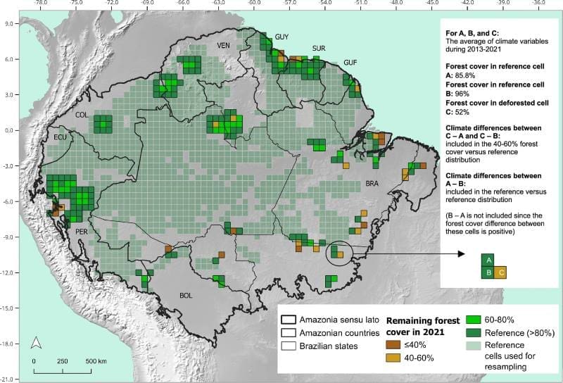 Amazon deforestation tied to fewer rainy days and higher surface temperatures Image: Selected 0.5° grid cells for comparing climate averages between deforested and neighboring reference regions (s. Amazon deforestation)