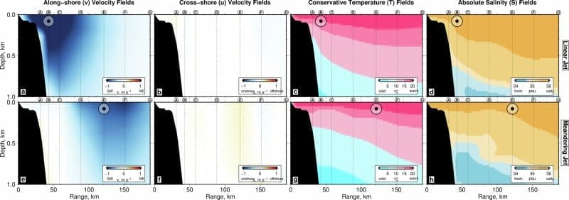Image: Extended Data Fig. 2: The Agulhas Current has two distinct states: a stable linear flow (~ 90% of the time) and a meandering state that triggers reorganization of its structure. - 'More eddying of subtropical western boundary currents boosts stratification and cools shelf seas' (s. ocean eddies))