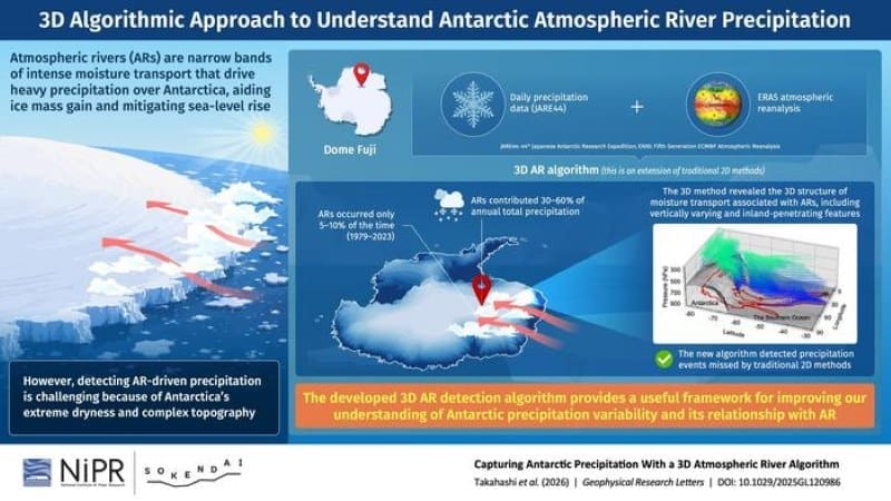 3D method reveals atmospheric rivers behind Antarctic snowfall Image: 3D Algorithmic Approach to Understand Antarctic Snowfall Atmospheric Rivers Precipitation