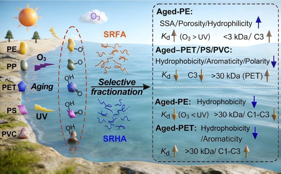 Microplastics do more than accumulate in the environment Image: Graphical Abstract - 'Polymer type, environmental aging, and DOM compositions collectively control DOM fractionation on microplastics'