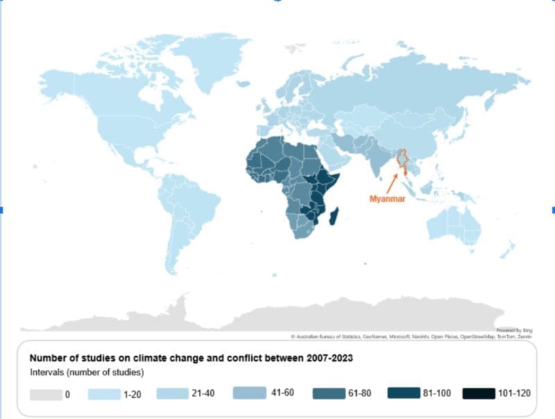 How climate change feeds our wars Map of the number of studies on climate change and conflict between 2007-2023
