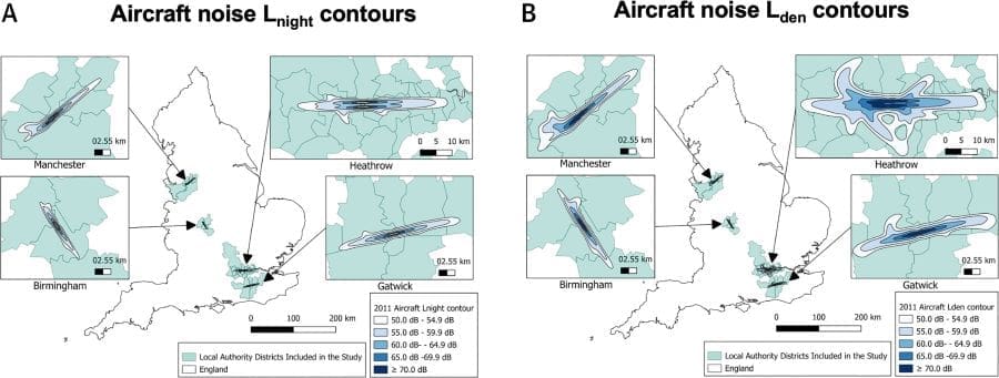Aircraft noise exposure tied to increased heart risks, study shows Graphic: Aircraft Noise Contours Around the 4 UK Major International Airports. Aircraft noise exposure tied to increased heart risks, study shows