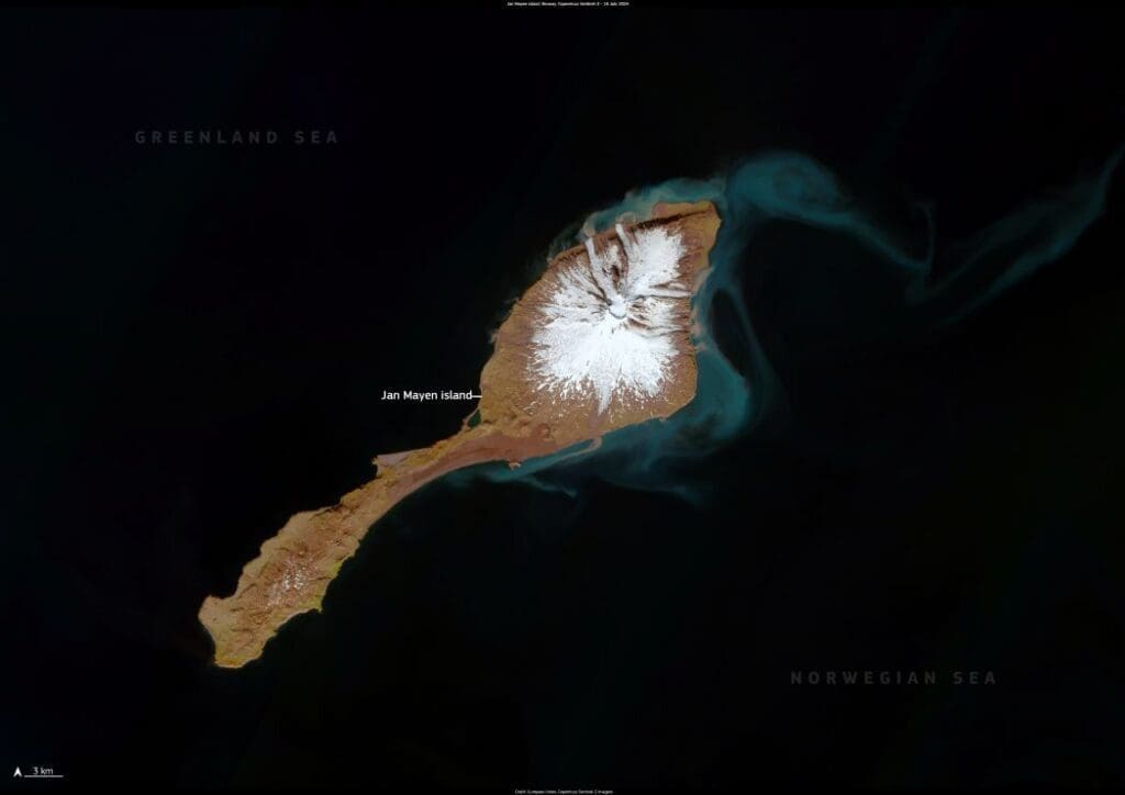 Image of the day: Jan Mayen island, a remote Arctic outpost Satellite image: Jan Mayen island, Norway (s. climate change, wildlife, volcano)