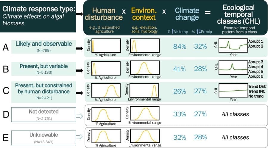 Climate change and human impact drive algae blooms in U.S. lakes Image: Study graphic - A framework for understanding climate effects on ecosystems at the continental-scale, with lake CHL as a model (s. algae bloom)