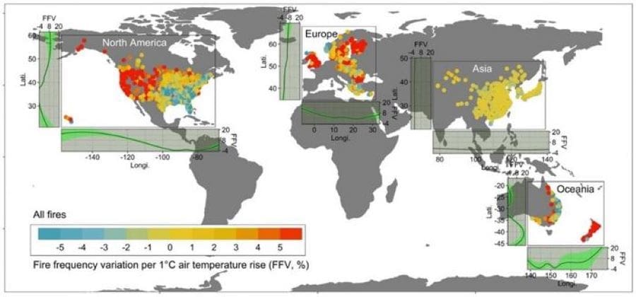 Climate Science Digest: April 7, 2025 Image: Fire Frequency Variation (FFV) per 1°C Temperature Increase