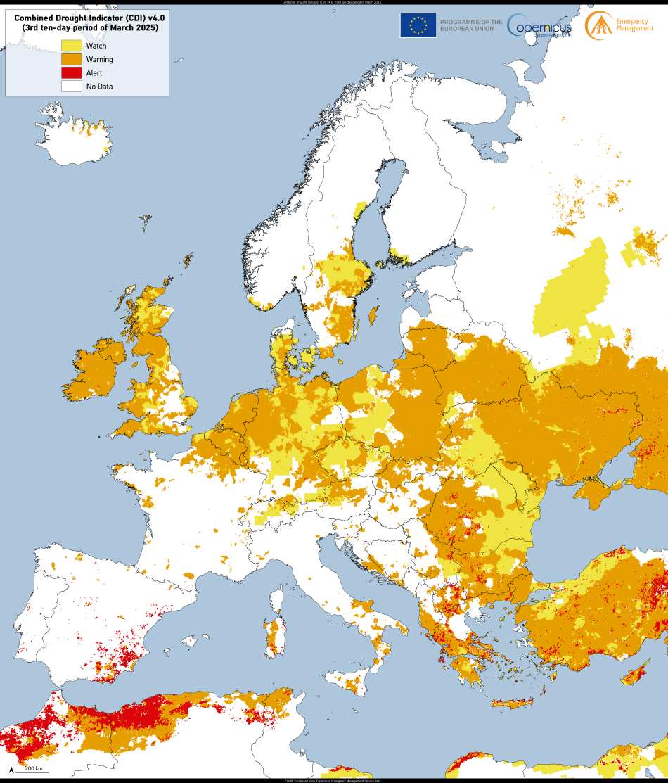 Image: This image, based on data from the Copernicus Emergency Management Service, shows the Combined Drought Indicator for the third ten-day period of March 2025