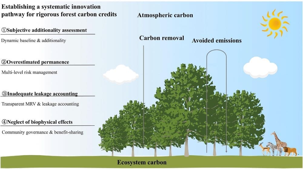New framework aims to rebuild trust in forest carbon credits Image: Schematic diagram of the climate mitigation effectiveness of forests - 'Restoring Trust: Rebuilding the Forest Carbon Credit System Through Scientific Rigor' (s. forest carbon credits, climate change mitigation)